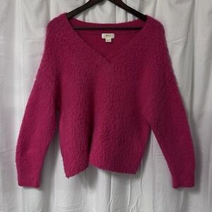 Anthropologie Maeve Oversize Plush Pink Sweater Small Merino Wool Blend Vneck EC